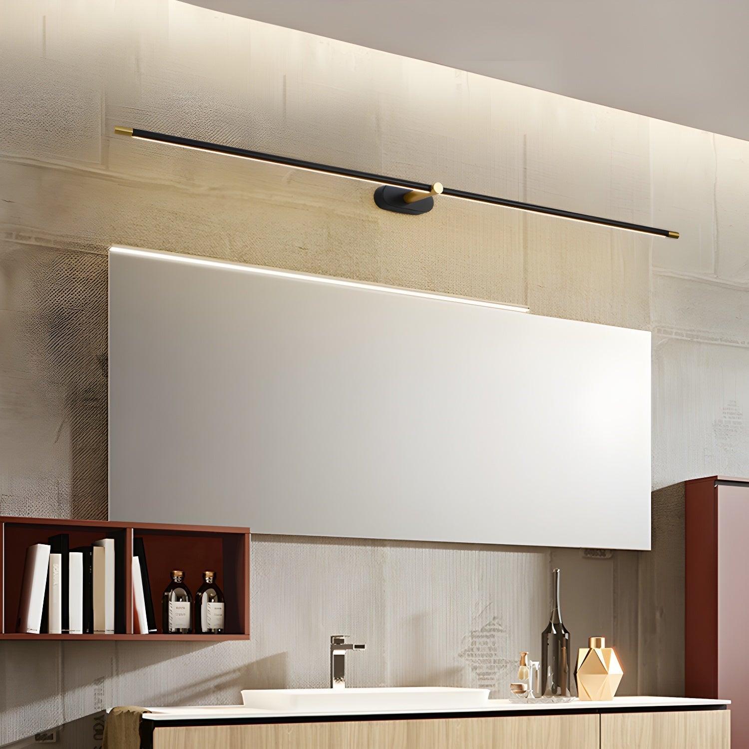 Slim linear wall lamp glowing warm in a minimalist interior