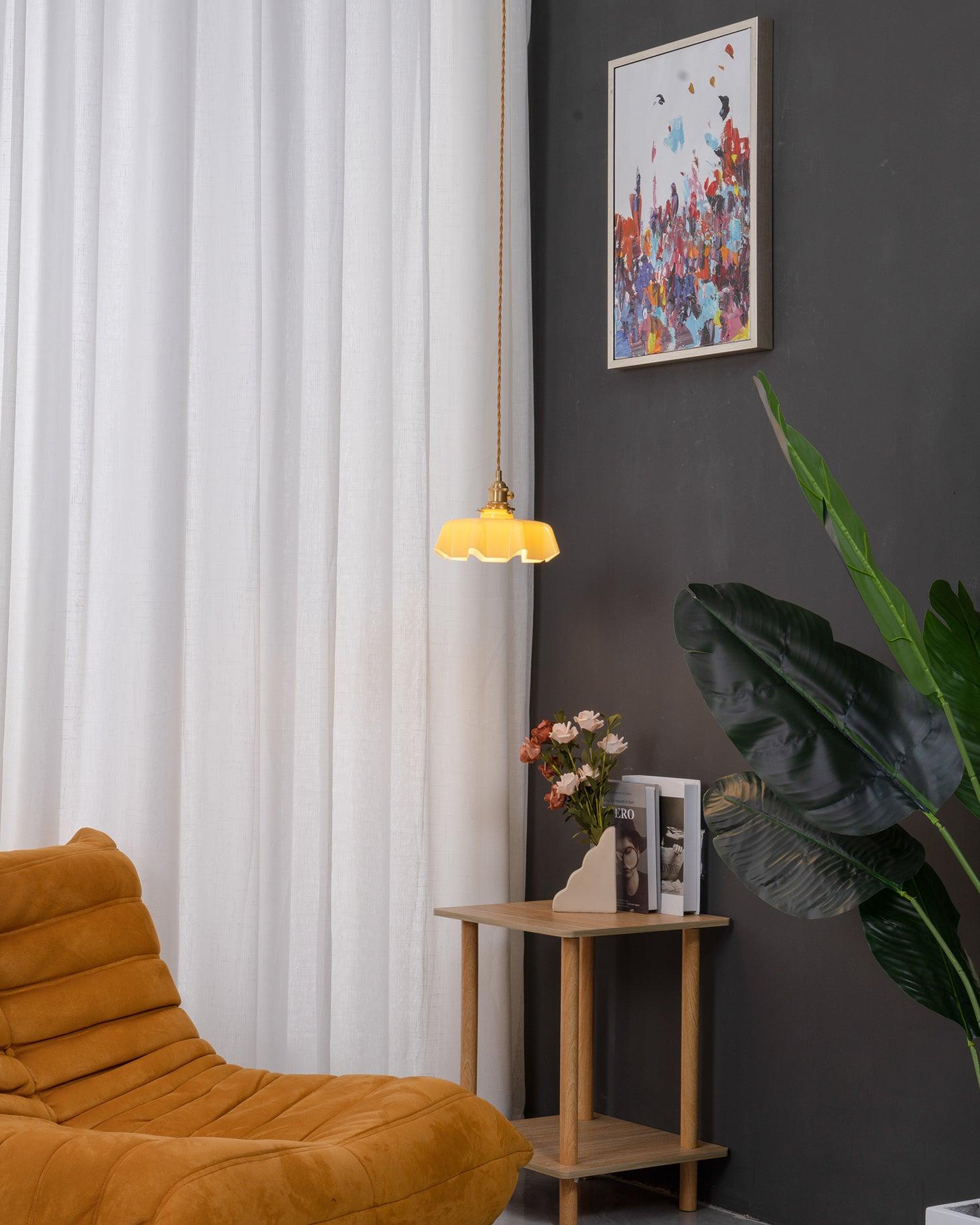 French Flower pendant light with pleated shade in a soft interior