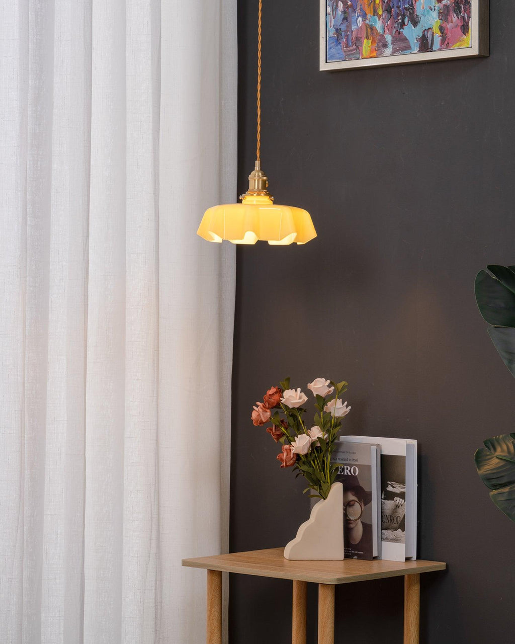 French Flower Pendant Light, Pleated Glass Shade, Brass, E27