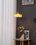 French Flower Pendant Light, Pleated Glass Shade, Brass, E27