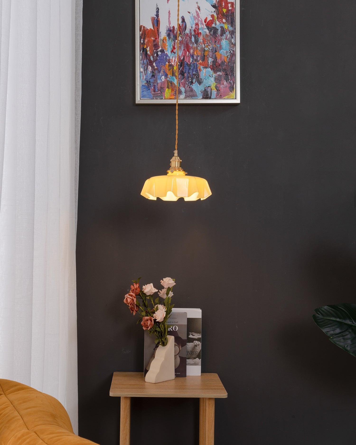 French Flower pendant light with soft green toned pleated shade