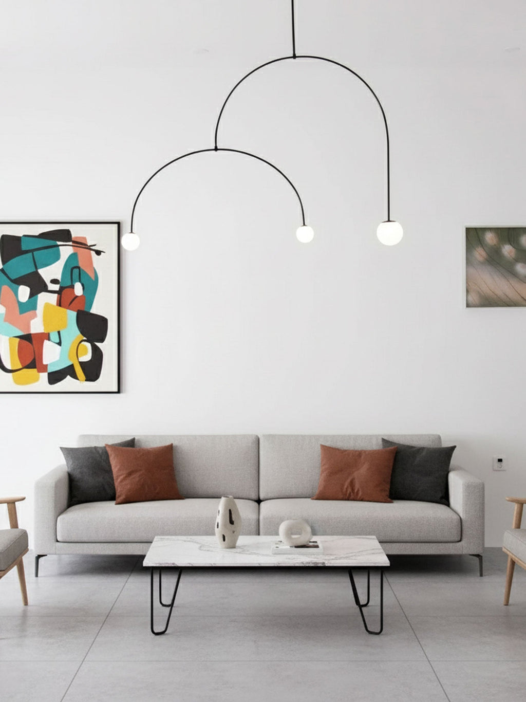 Opaline globe chandelier mounted above a seating area