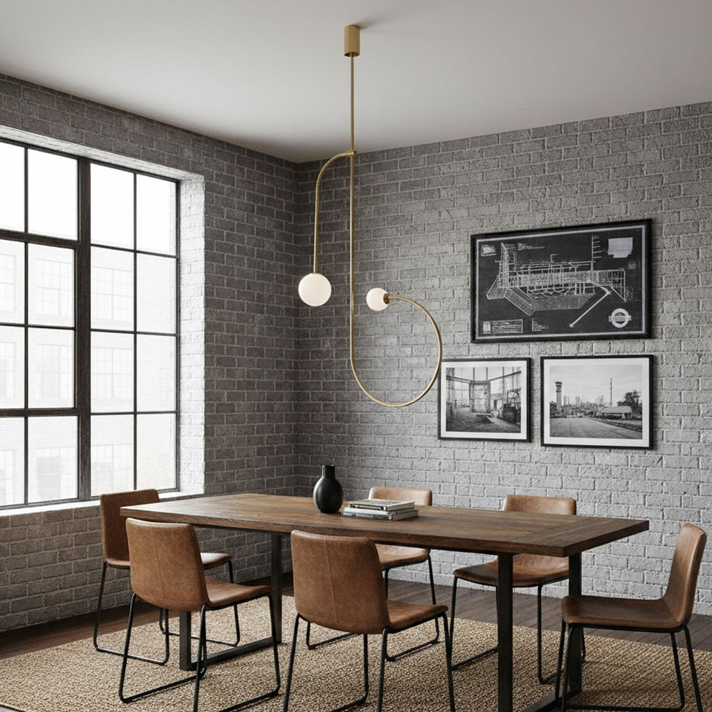 Graphic chandelier with opaline globes in a modern interior