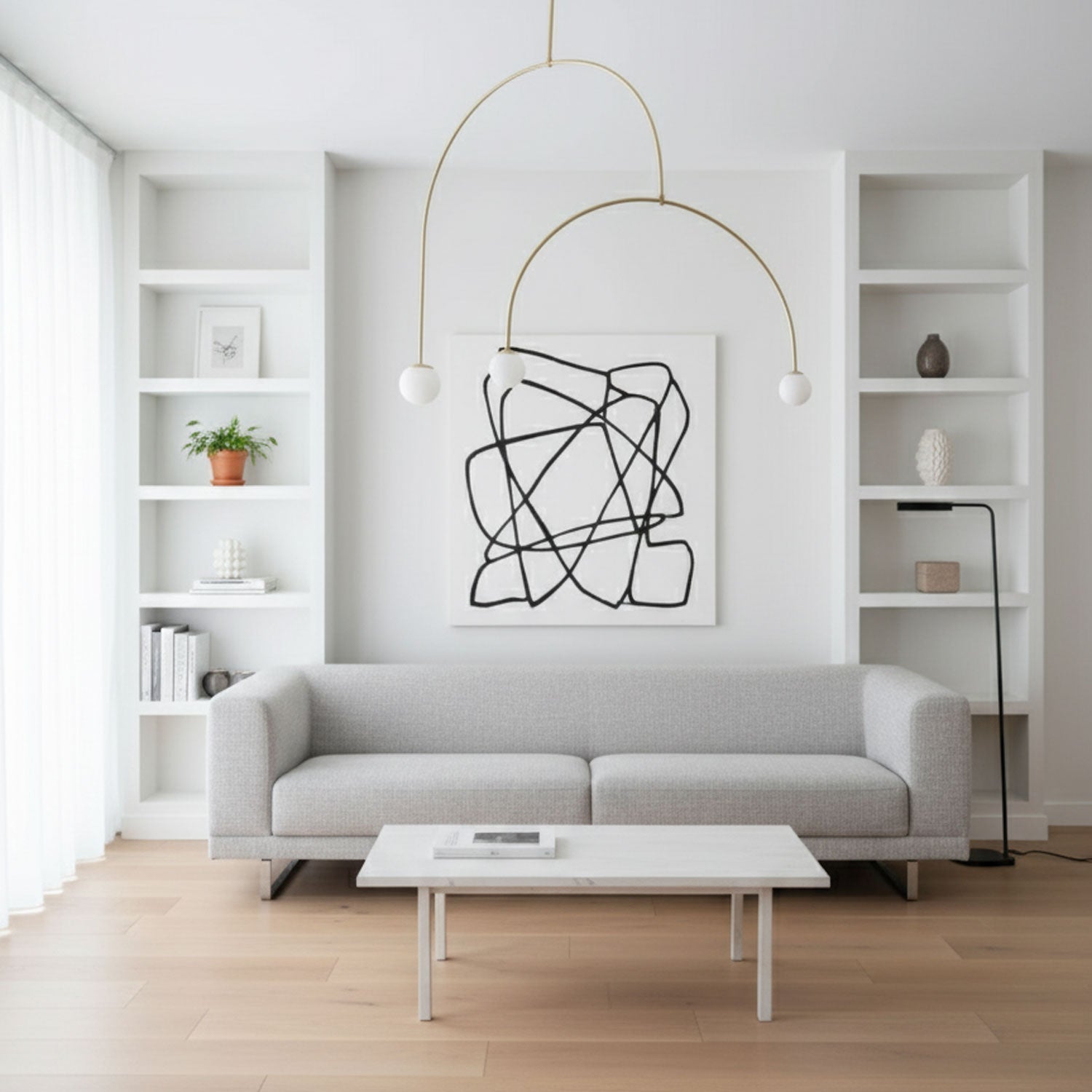 Mobile chandelier with white glass diffusers on slim arms