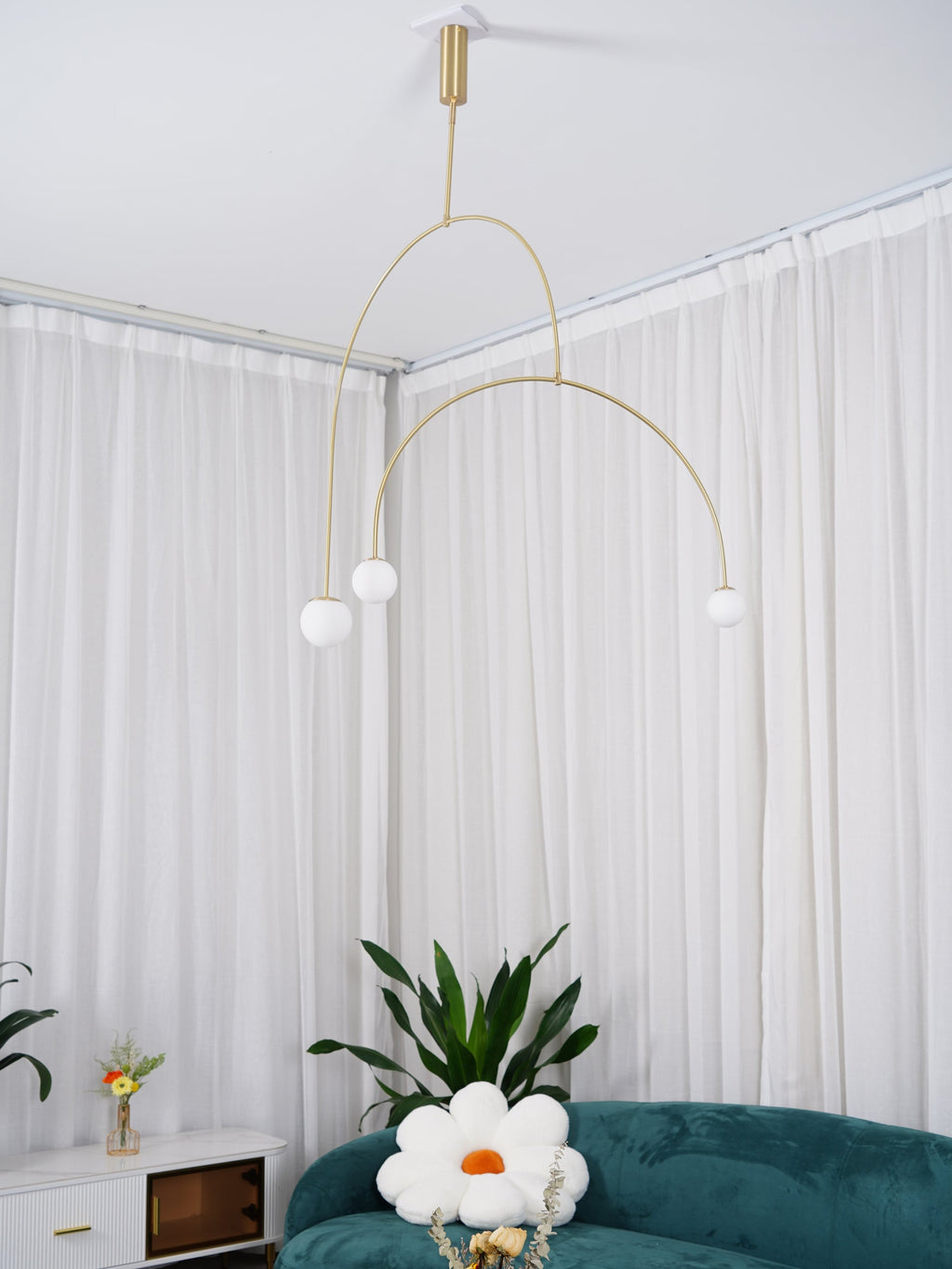 Chandelier, Mobile Opaline Glass Globes, Brass or Black, G9 and G4
