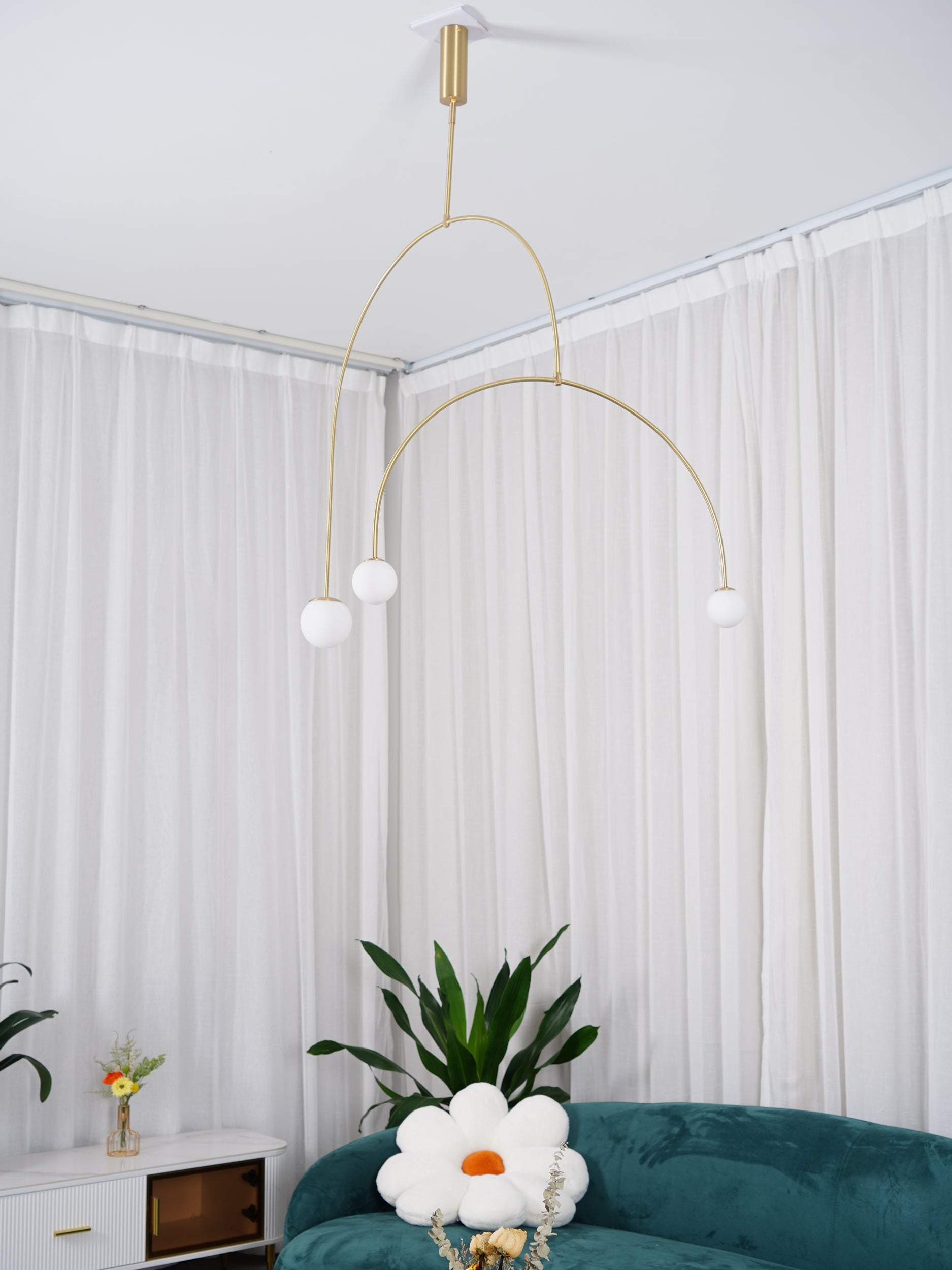 Chandelier, Mobile Opaline Glass Globes, Brass or Black, G9 and G4