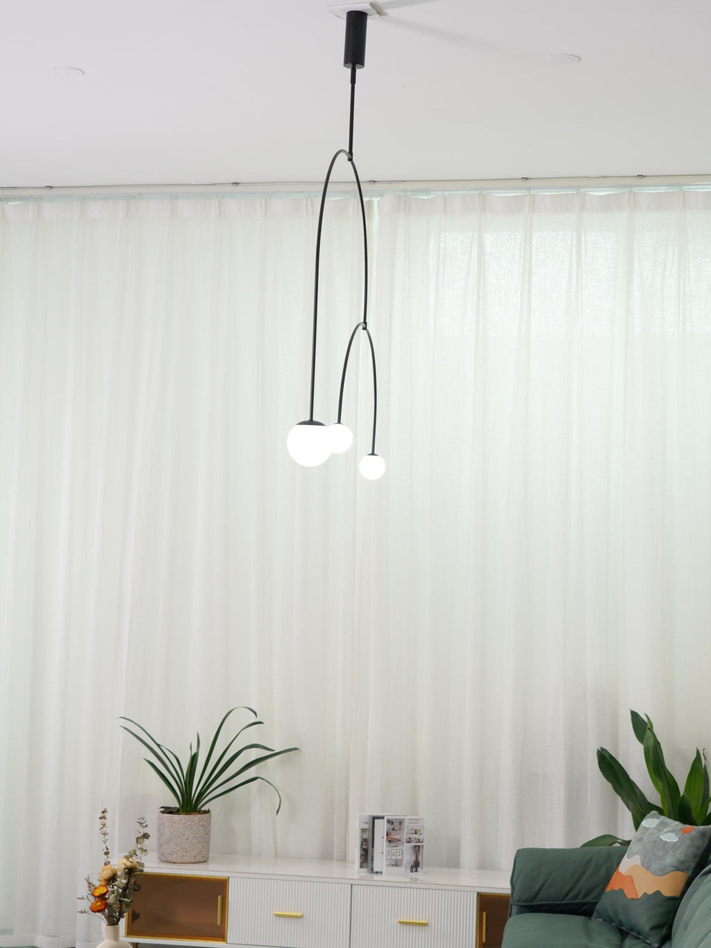 Chandelier, Mobile Opaline Glass Globes, Brass or Black, G9 and G4