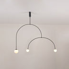 Graphic chandelier with opaline globes along clean brass lines