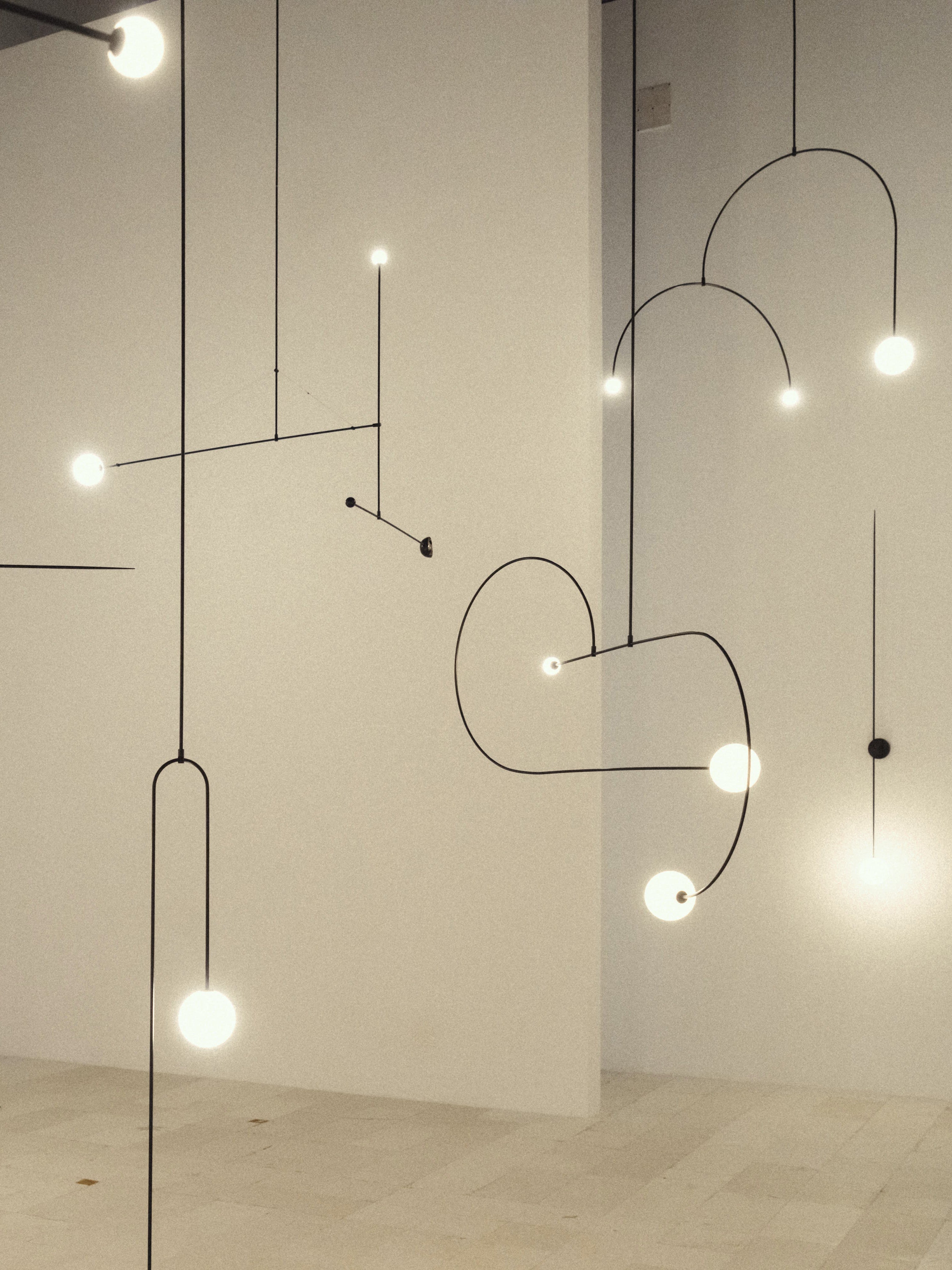 Chandelier, Mobile Opaline Glass Globes, Brass or Black, G9 and G4