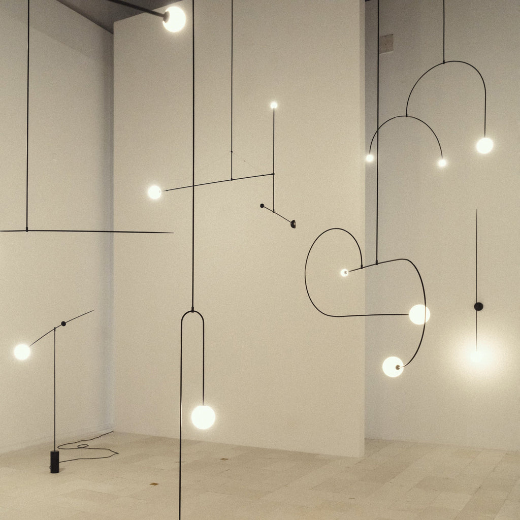 Chandelier, Mobile Opaline Glass Globes, Brass or Black, G9 and G4