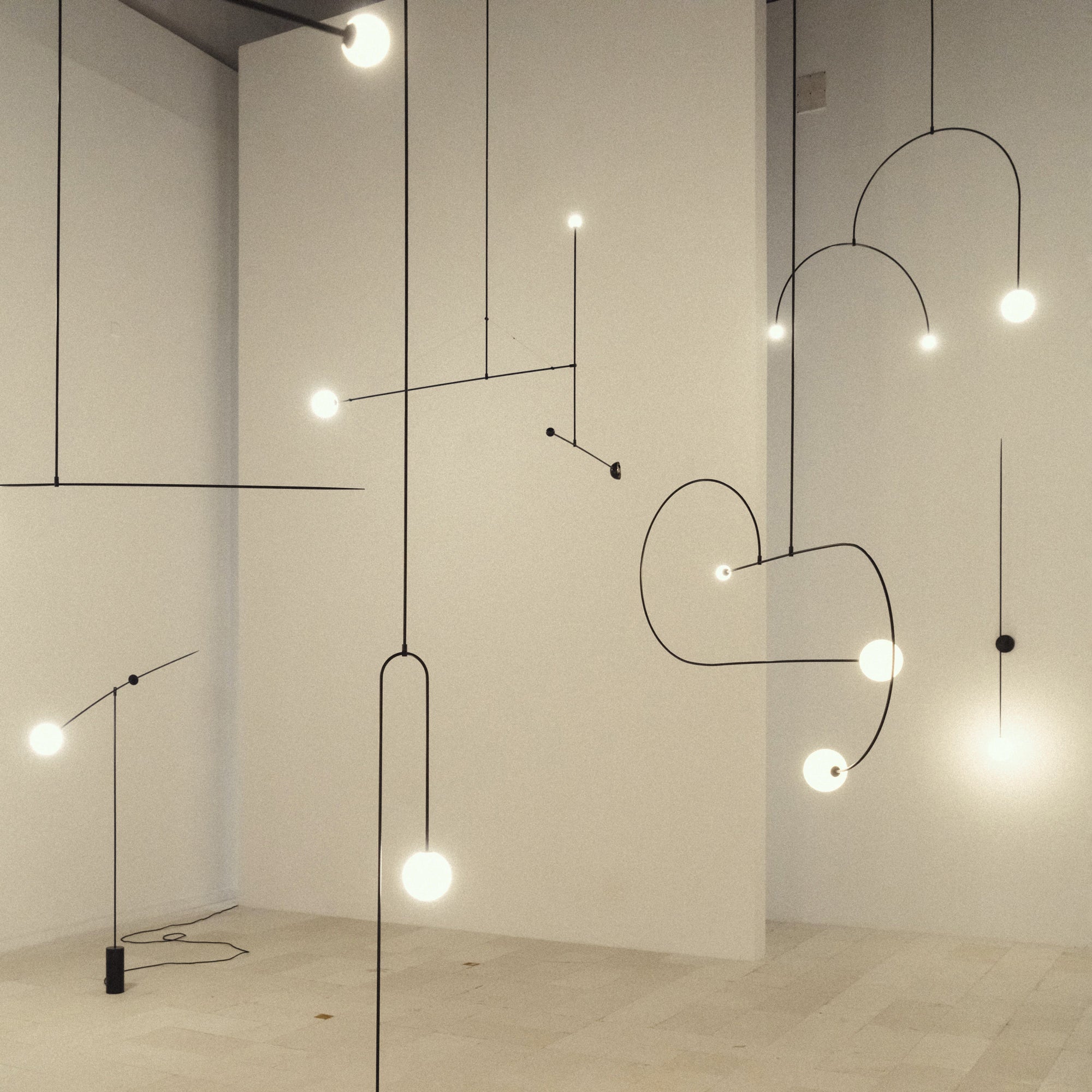 Chandelier, Mobile Opaline Glass Globes, Brass or Black, G9 and G4