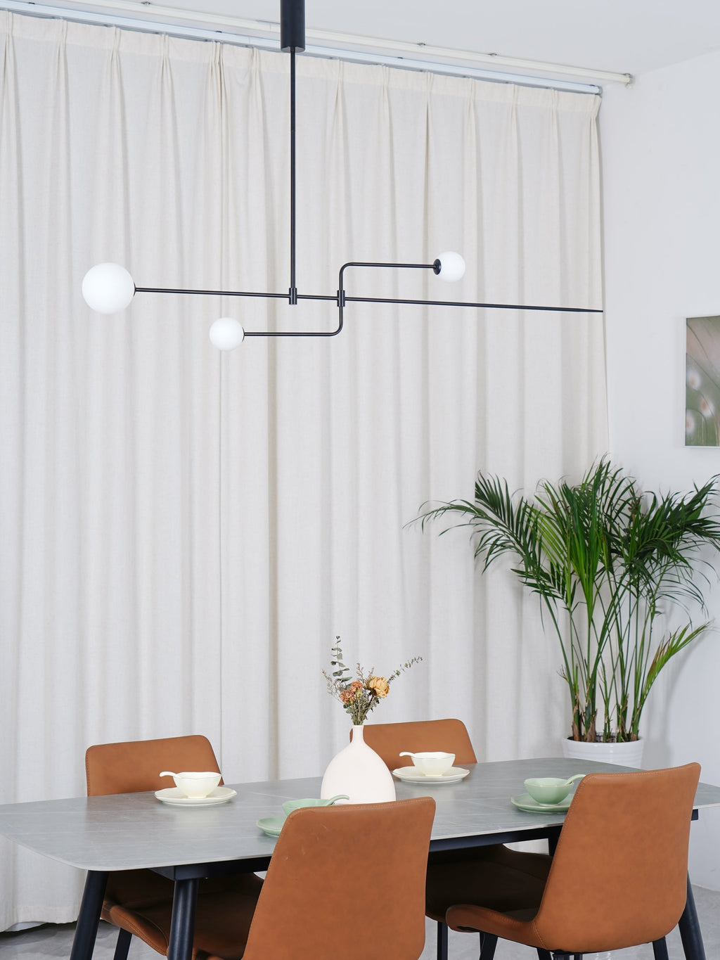 Chandelier, Mobile Opaline Glass Globes, Brass or Black, G9 and G4