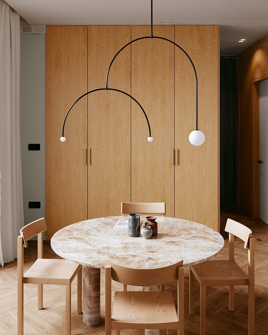 Chandelier, Mobile Opaline Glass Globes, Brass or Black, G9 and G4