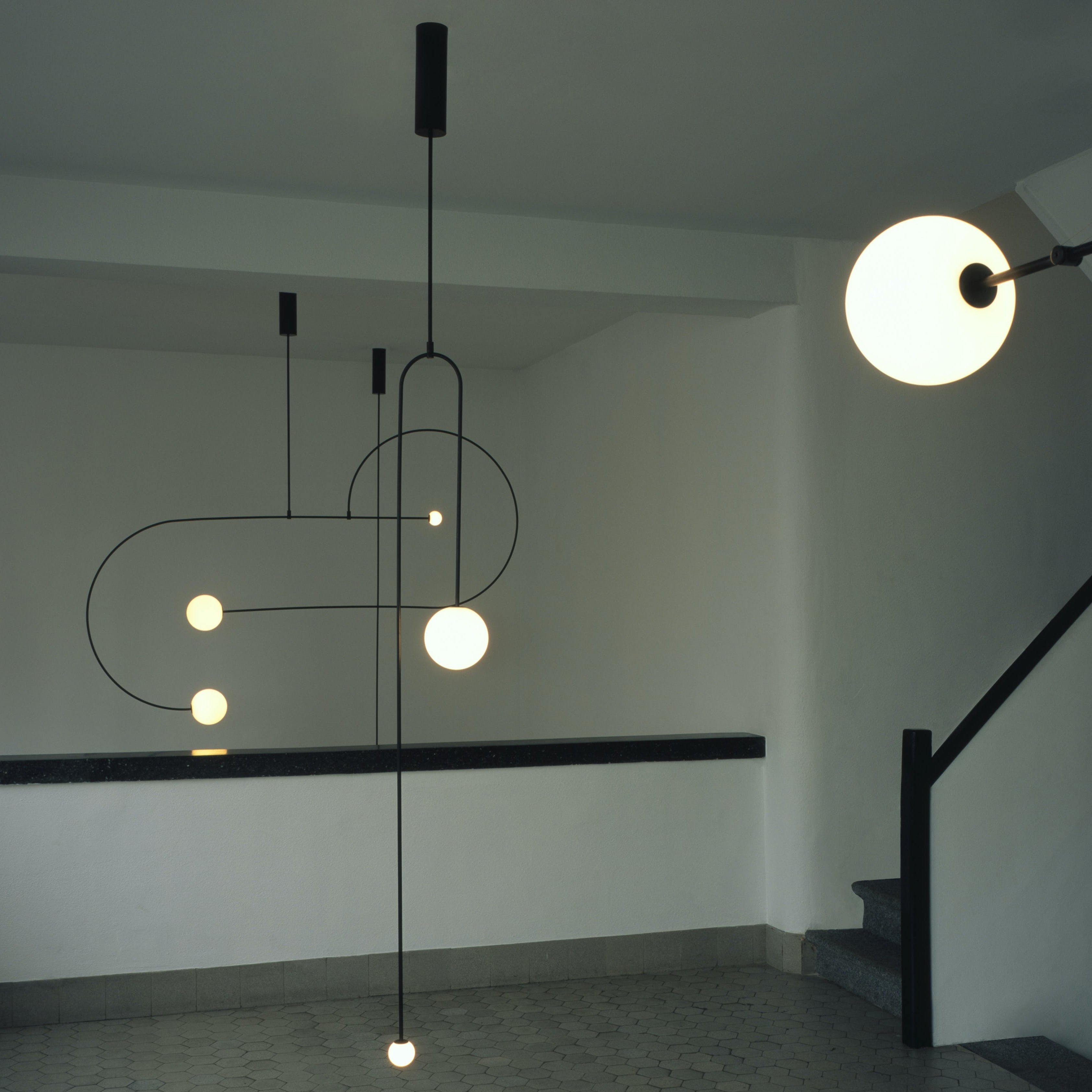 Chandelier, Mobile Opaline Glass Globes, Brass or Black, G9 and G4