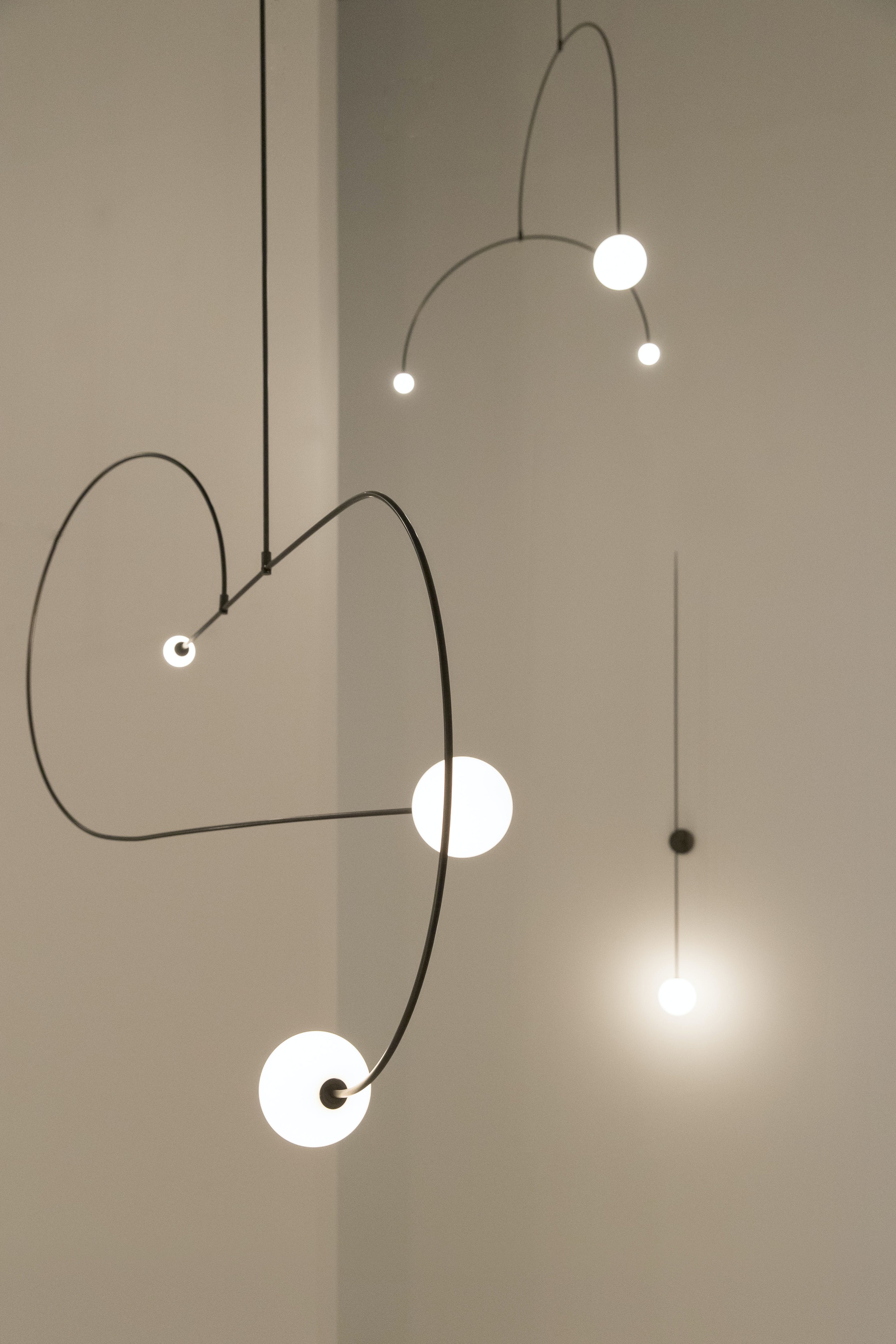 Chandelier, Mobile Opaline Glass Globes, Brass or Black, G9 and G4