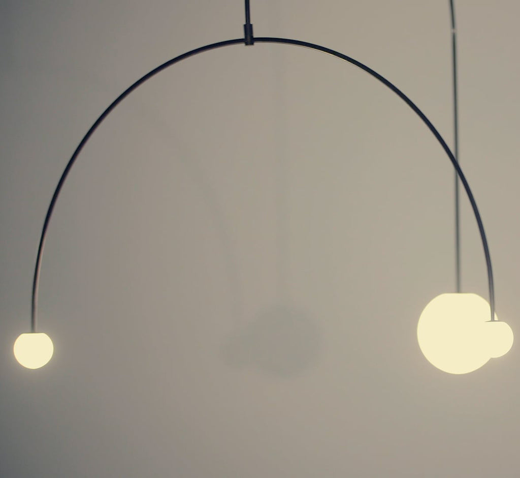 Chandelier, Mobile Opaline Glass Globes, Brass or Black, G9 and G4