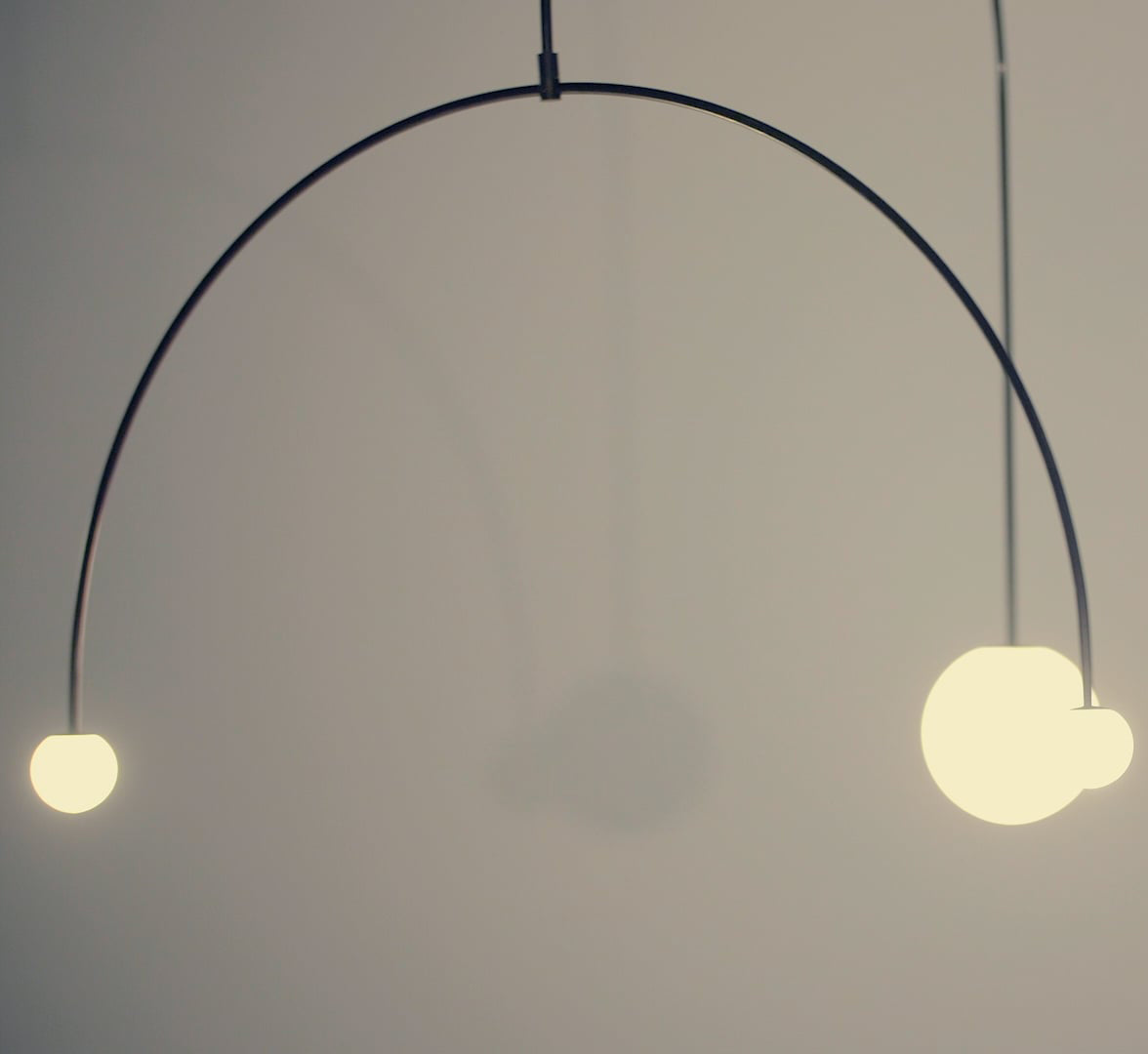 Chandelier, Mobile Opaline Glass Globes, Brass or Black, G9 and G4