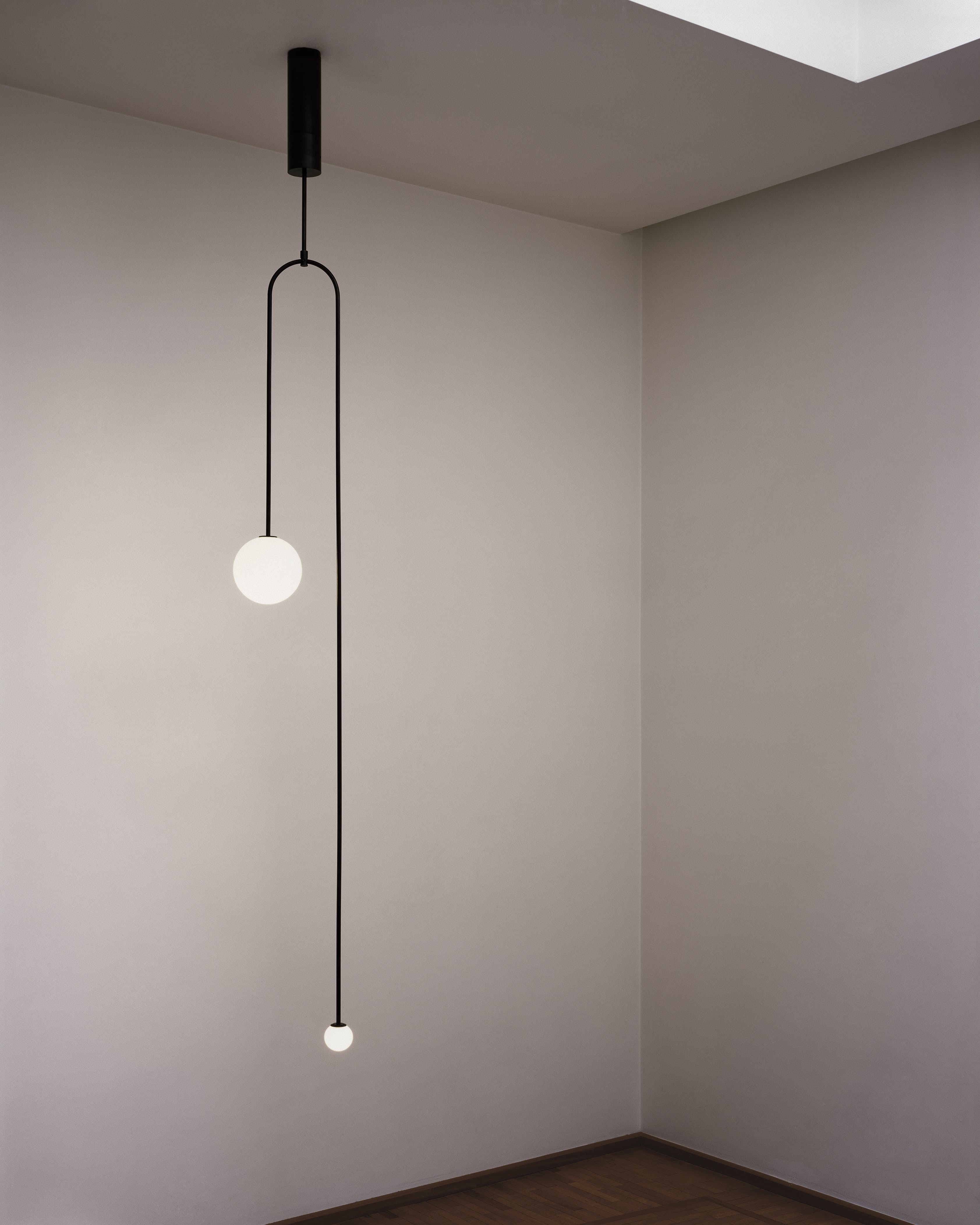 Chandelier, Mobile Opaline Glass Globes, Brass or Black, G9 and G4