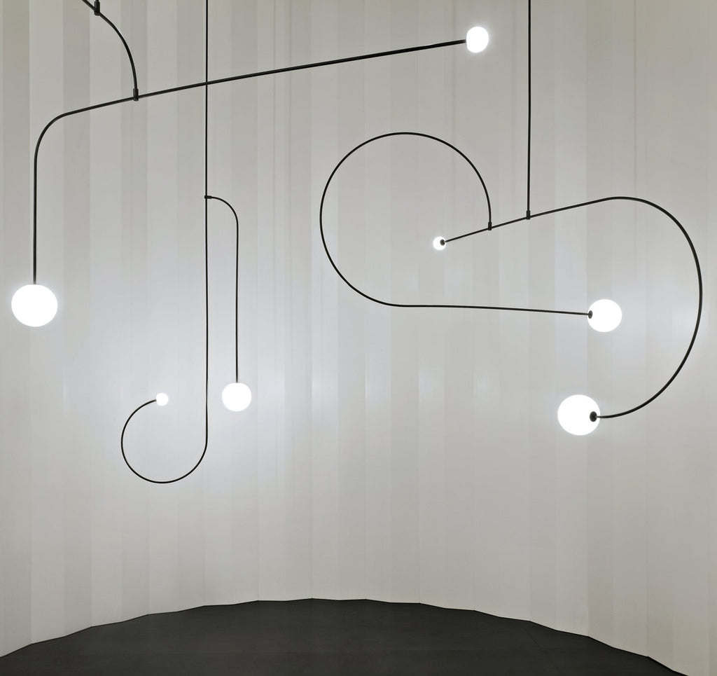 Chandelier, Mobile Opaline Glass Globes, Brass or Black, G9 and G4