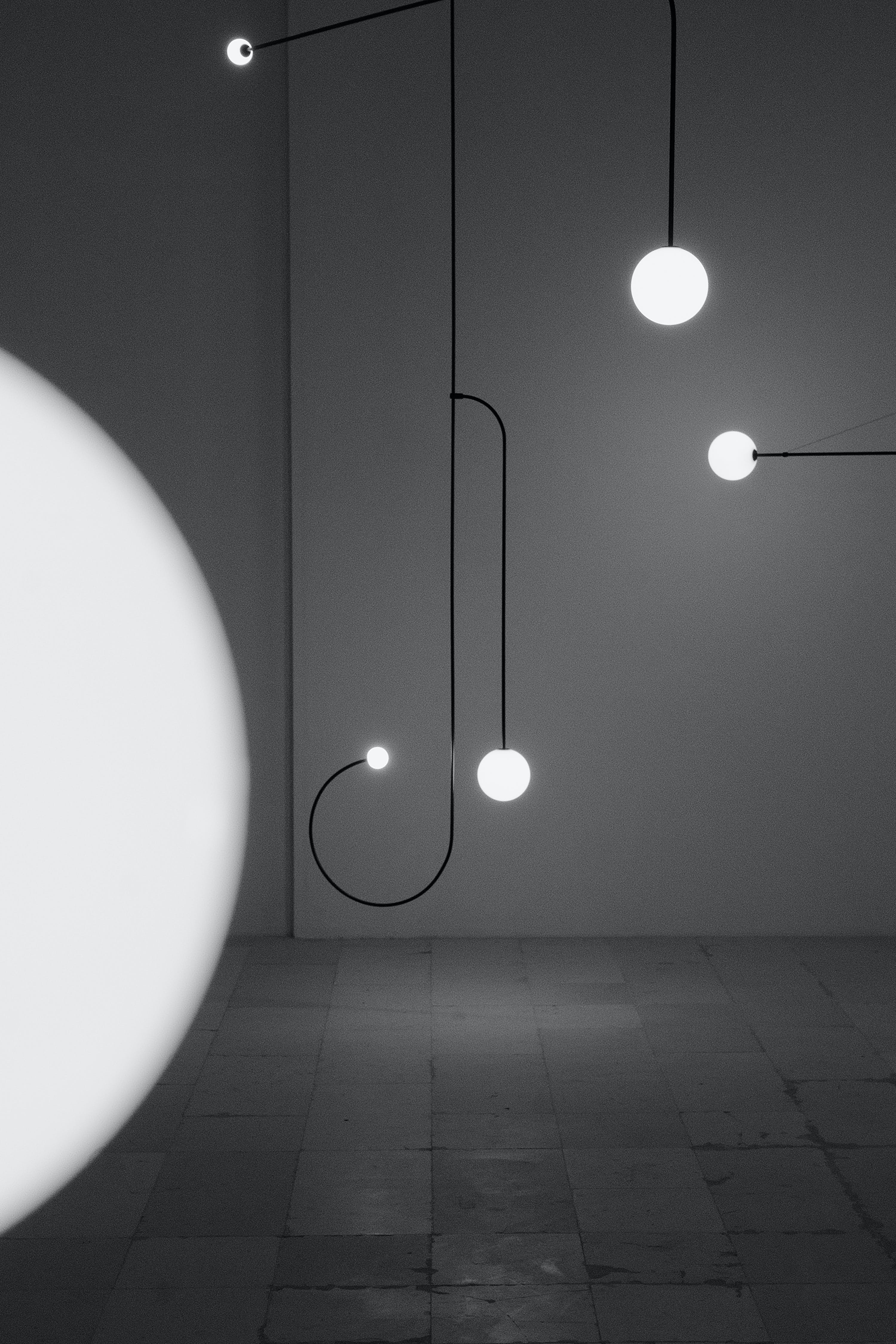 Chandelier, Mobile Opaline Glass Globes, Brass or Black, G9 and G4