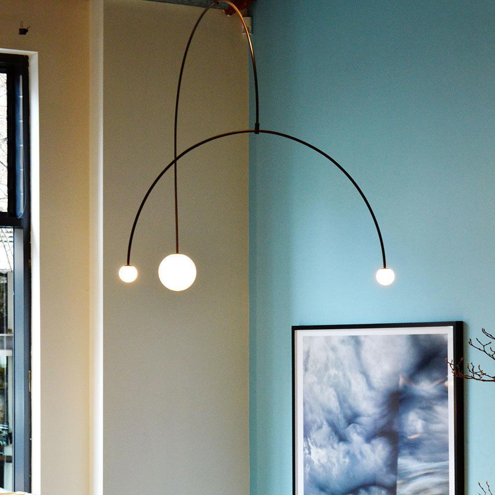 Chandelier, Mobile Opaline Glass Globes, Brass or Black, G9 and G4