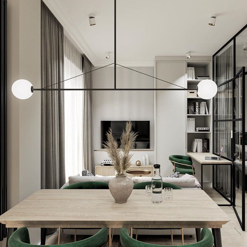 Chandelier, Mobile Opaline Glass Globes, Brass or Black, G9 and G4