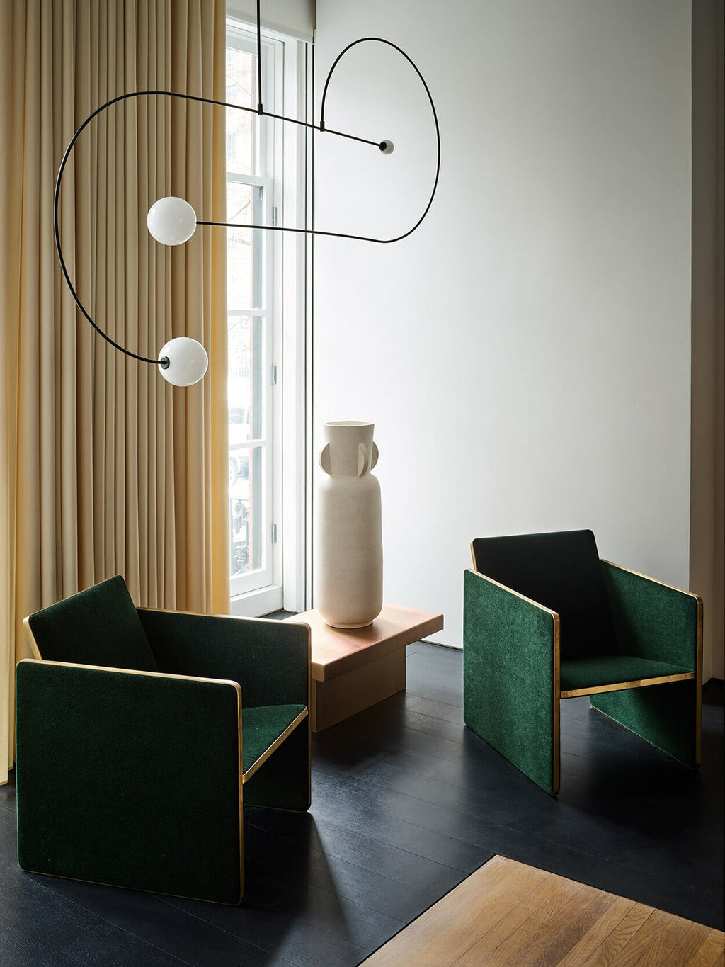 Chandelier, Mobile Opaline Glass Globes, Brass or Black, G9 and G4