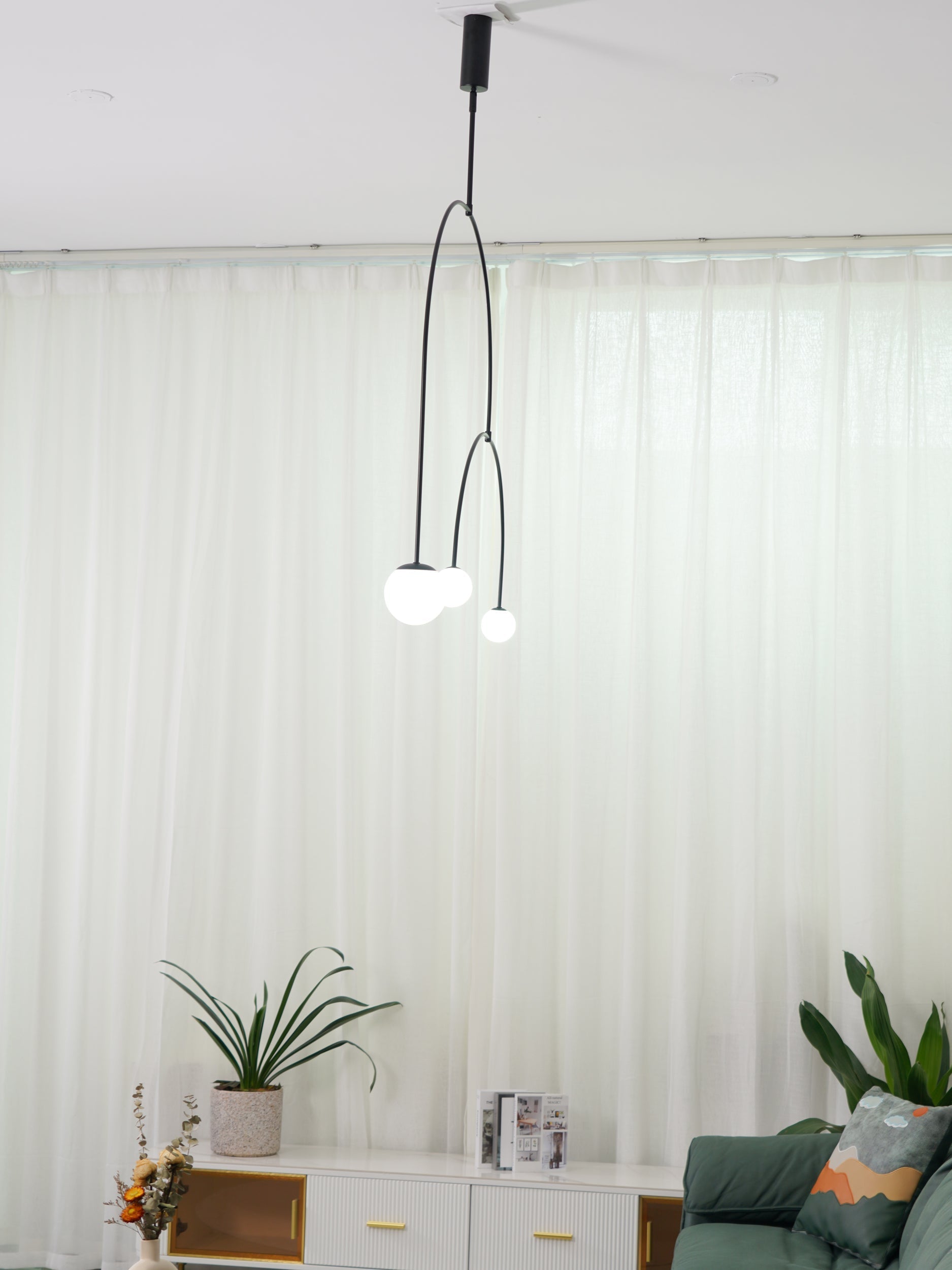 Chandelier, Mobile Opaline Glass Globes, Brass or Black, G9 and G4