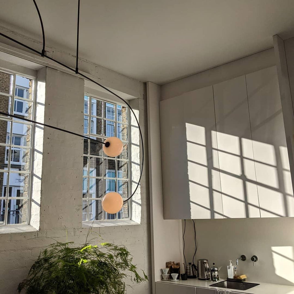Chandelier, Mobile Opaline Glass Globes, Brass or Black, G9 and G4