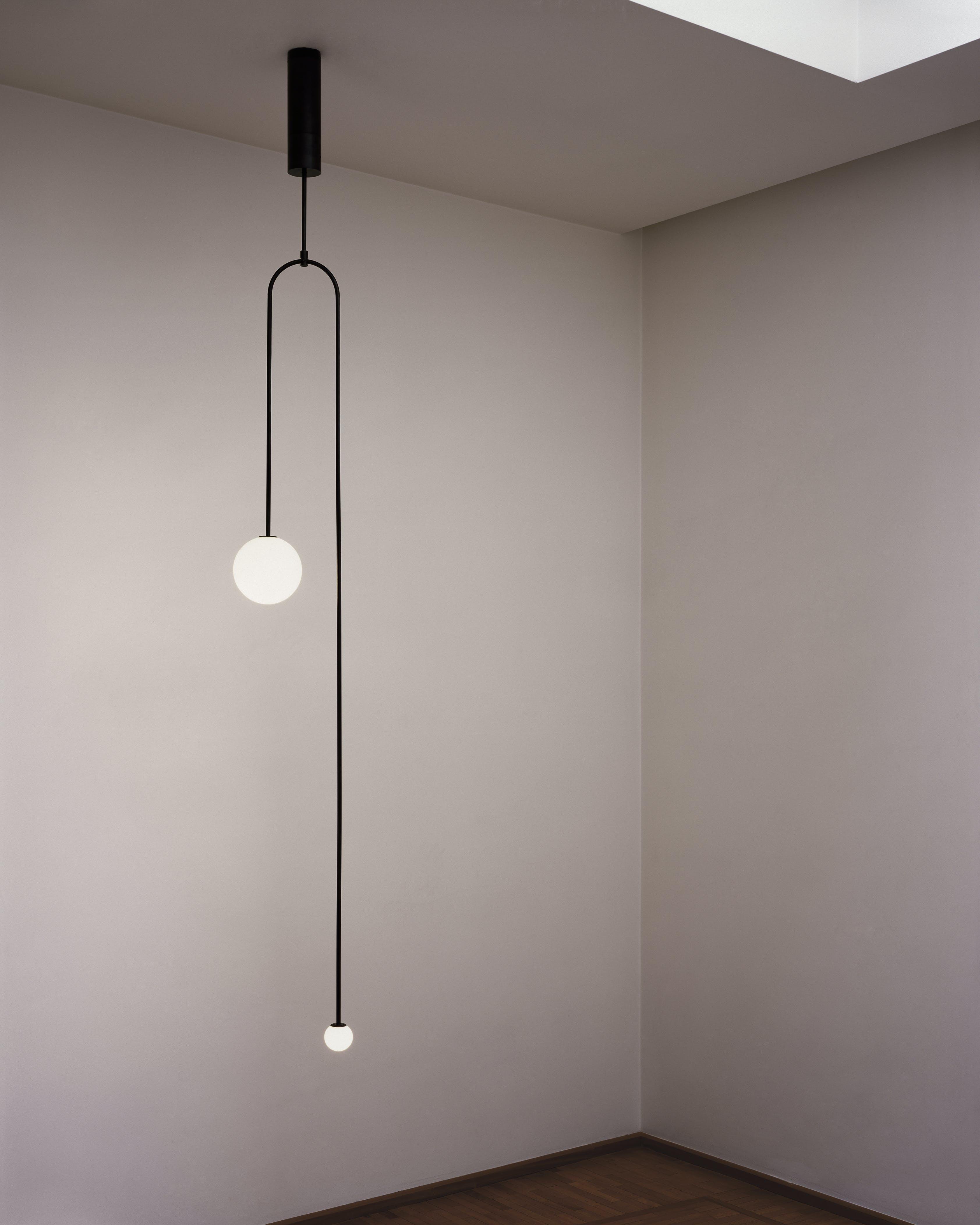 Chandelier, Mobile Opaline Glass Globes, Brass or Black, G9 and G4