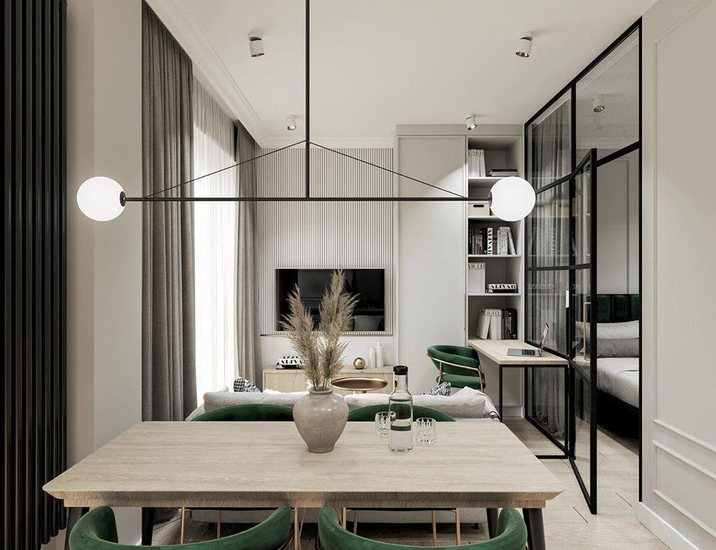 Chandelier, Mobile Opaline Glass Globes, Brass or Black, G9 and G4