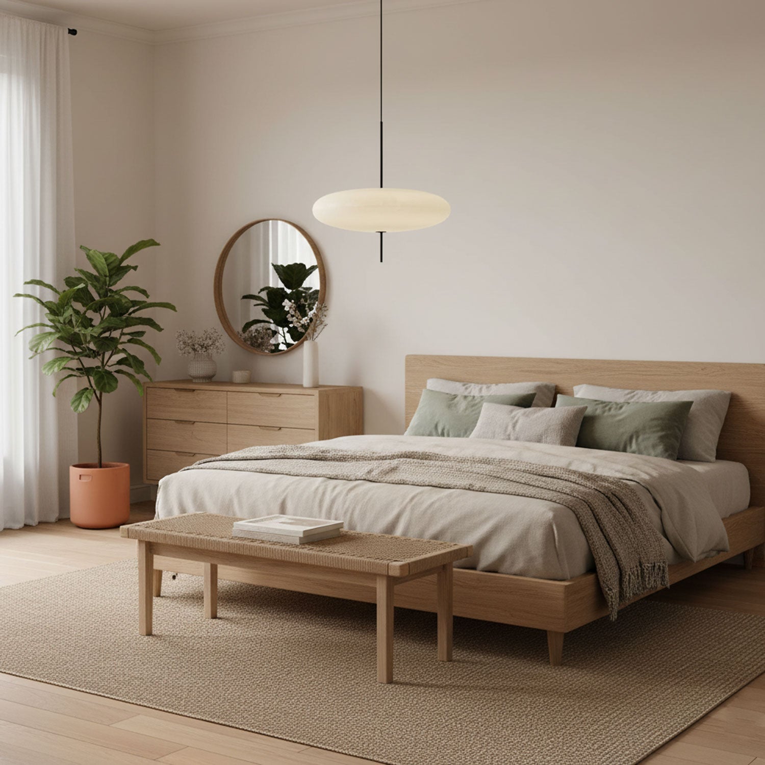 Opal disc pendant light in a calm contemporary space
