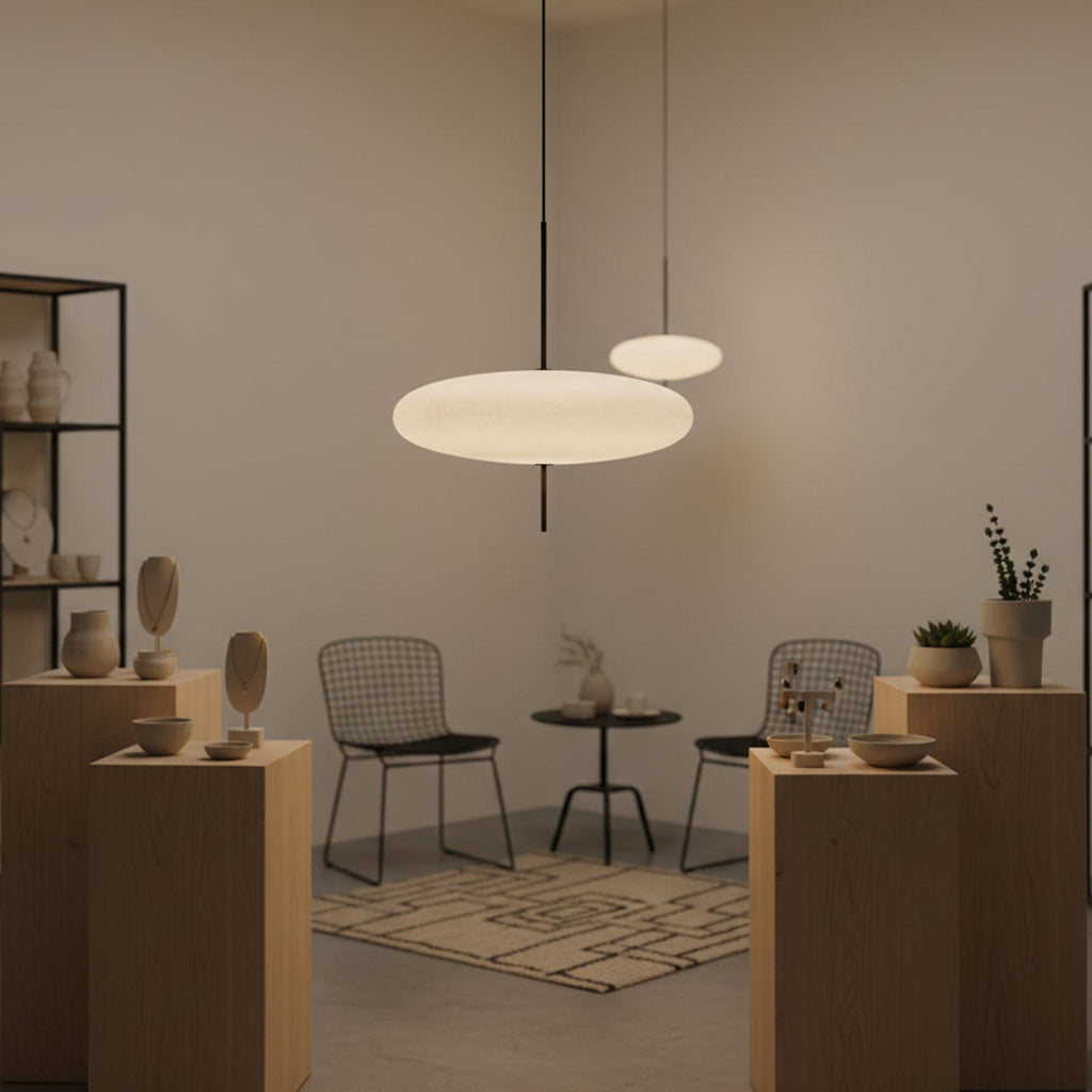 Disc pendant light with black body and white shade