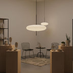 Disc pendant light with black body and white shade