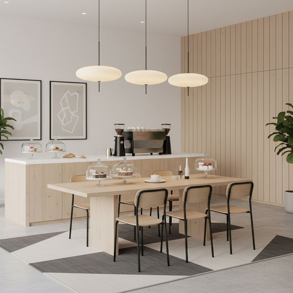 Opalescent pendant light hanging in a styled room