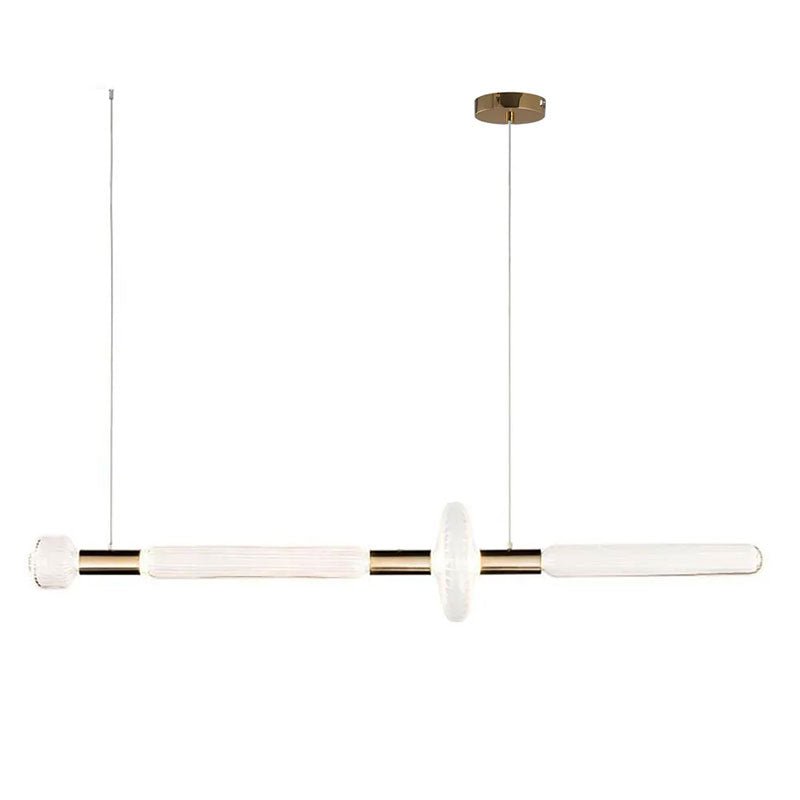 A round disc joint sits mid-bar on this Clérachic pendant, hung from a brass ceiling plate.