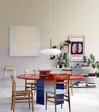 Elliptical disc pendant light hanging in a bright room