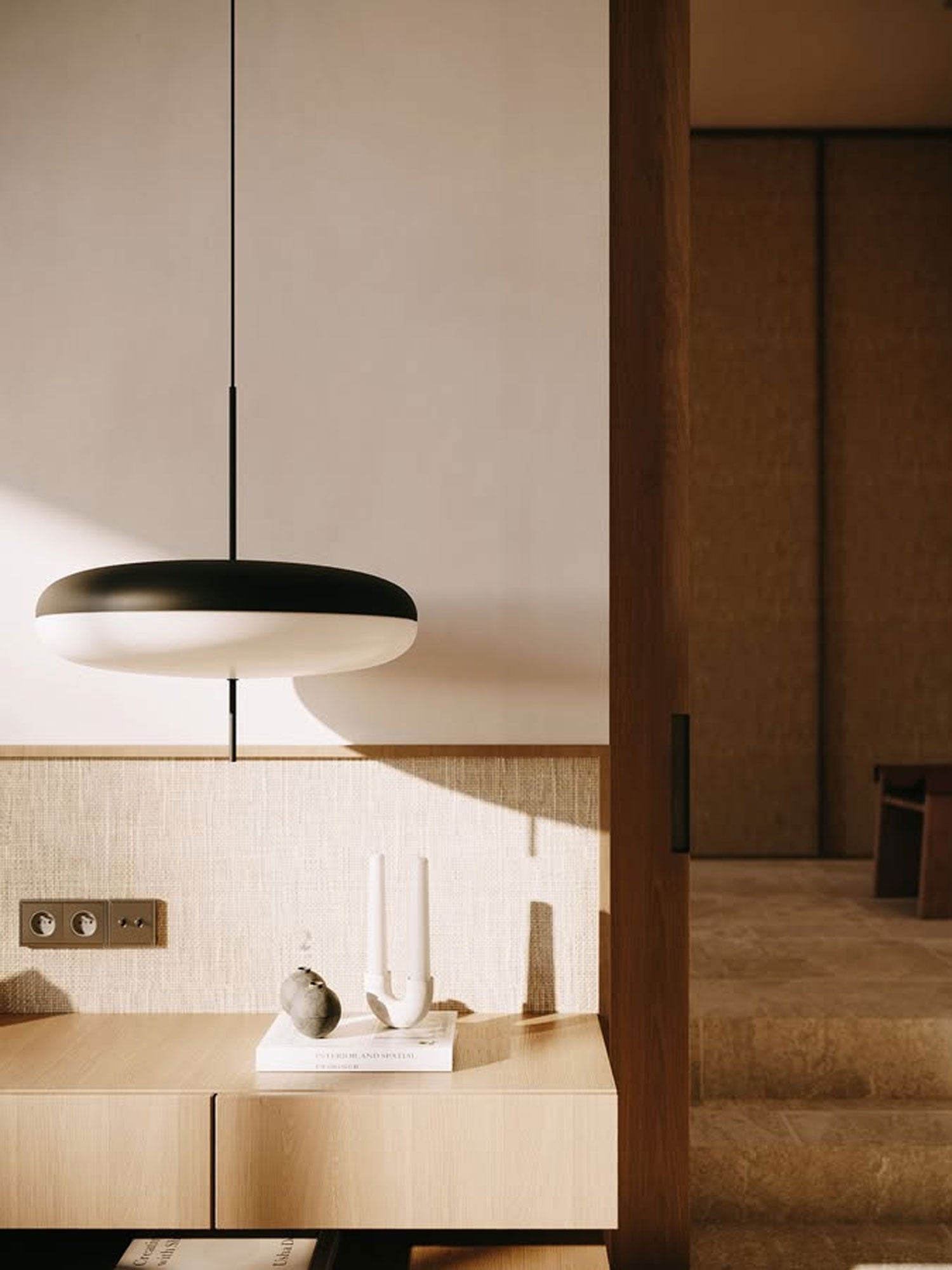Opal disc pendant light with white body finish