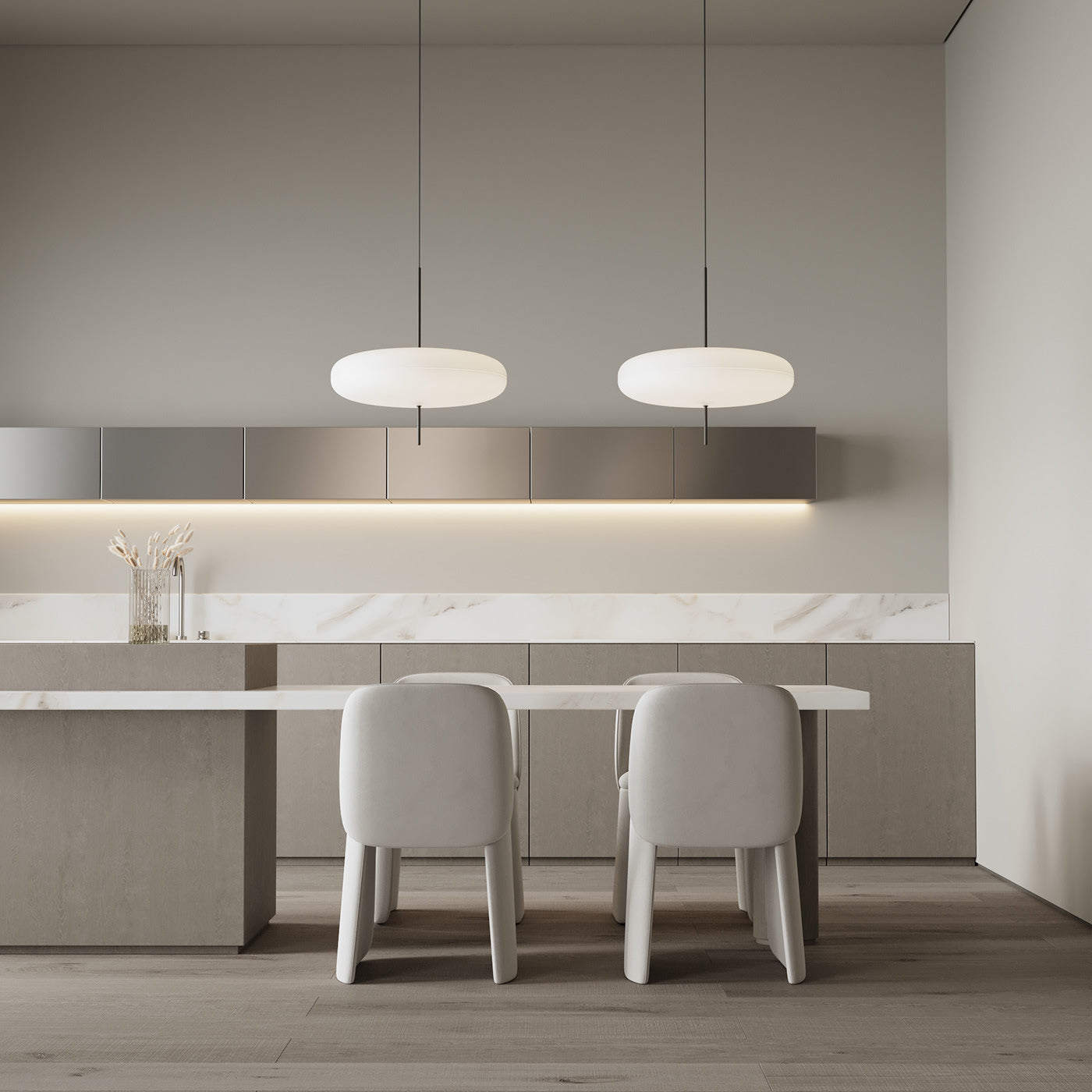 Opalescent disc pendant light in a styled interior