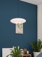 Elliptical opal disc pendant light with white shade