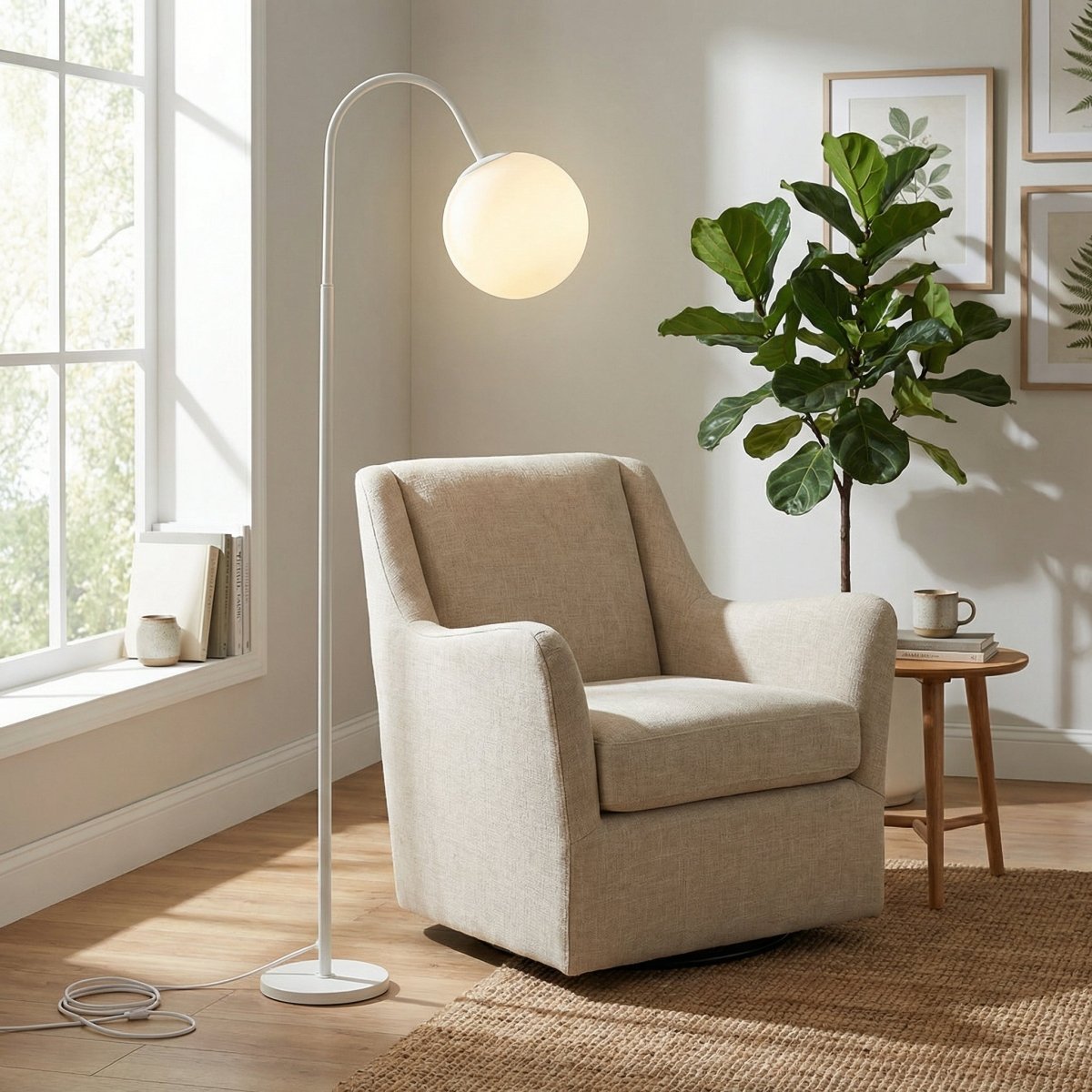 Orb-gulvlampe med frostet glasskærm og træfod, 60 tommer