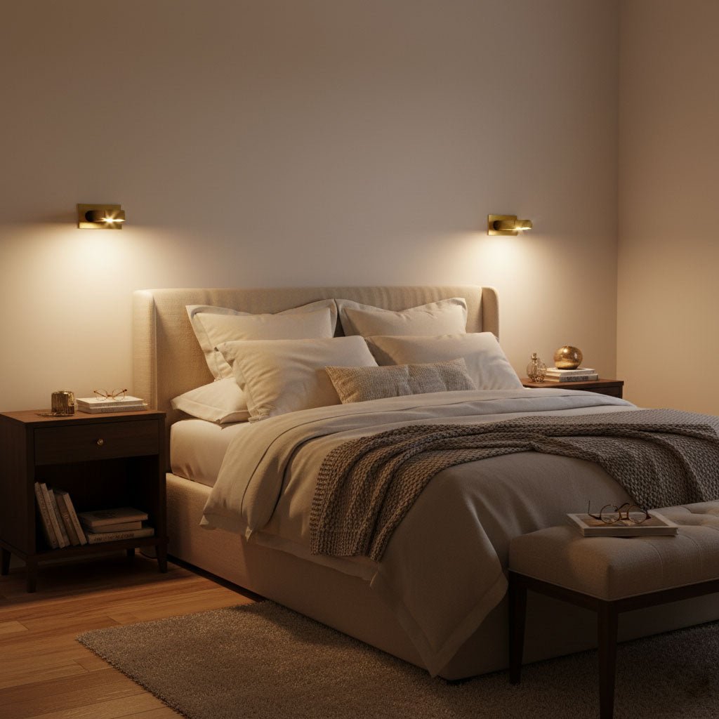 Modern LED bedside reading light mounted on a bedroom wall