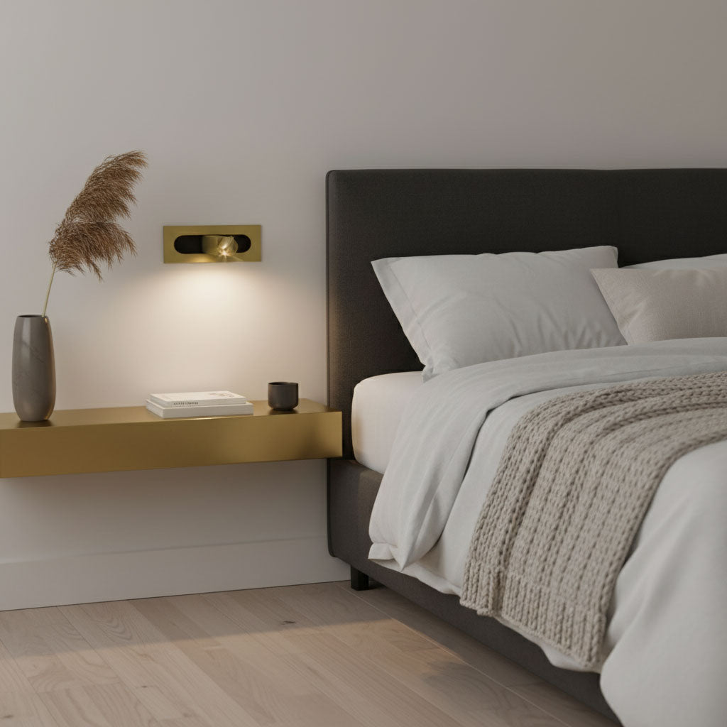 Modern LED bedside reading light lifestyle shot beside a bed