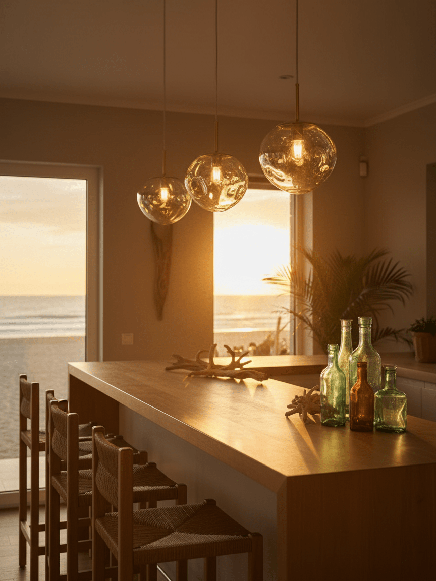 Molten pendant lamp glowing warmly over an island