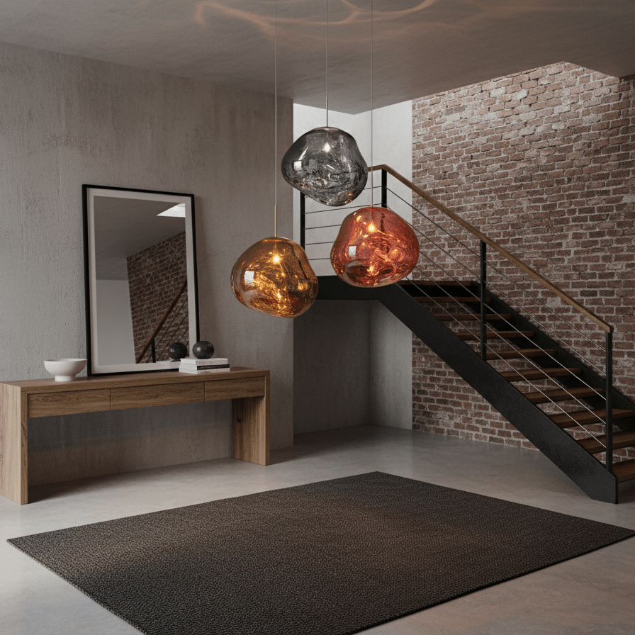Lava pendant lamp in chrome finish showing mirror effect