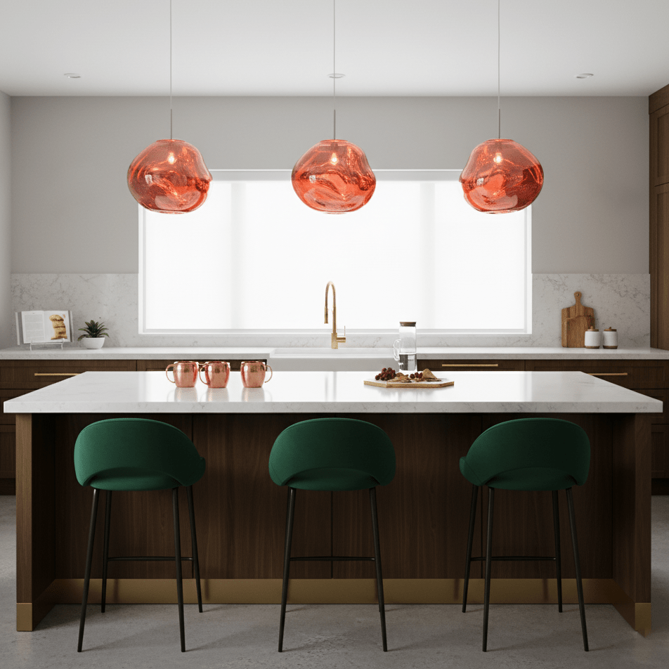 Molten pendant light in gold finish against a dark backdrop