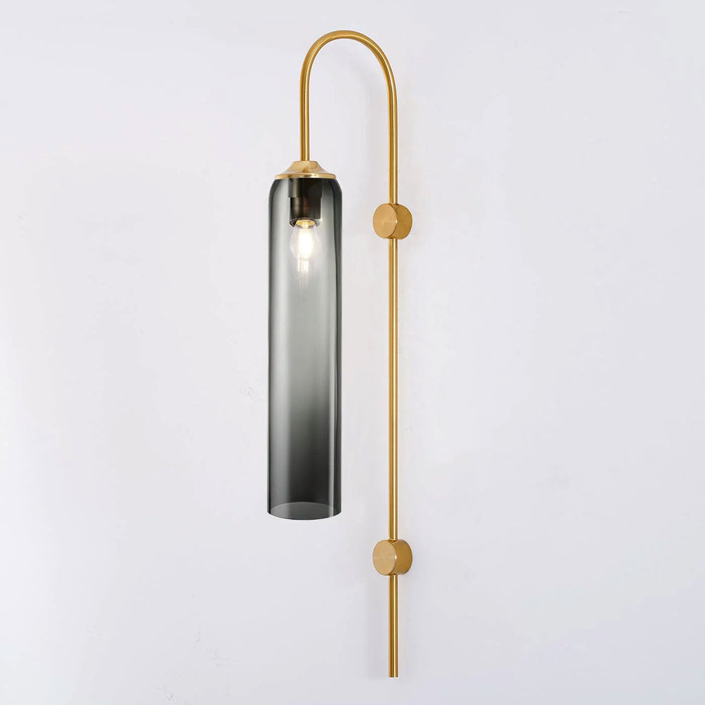 Modern glass wall lamp angled view with arched arm