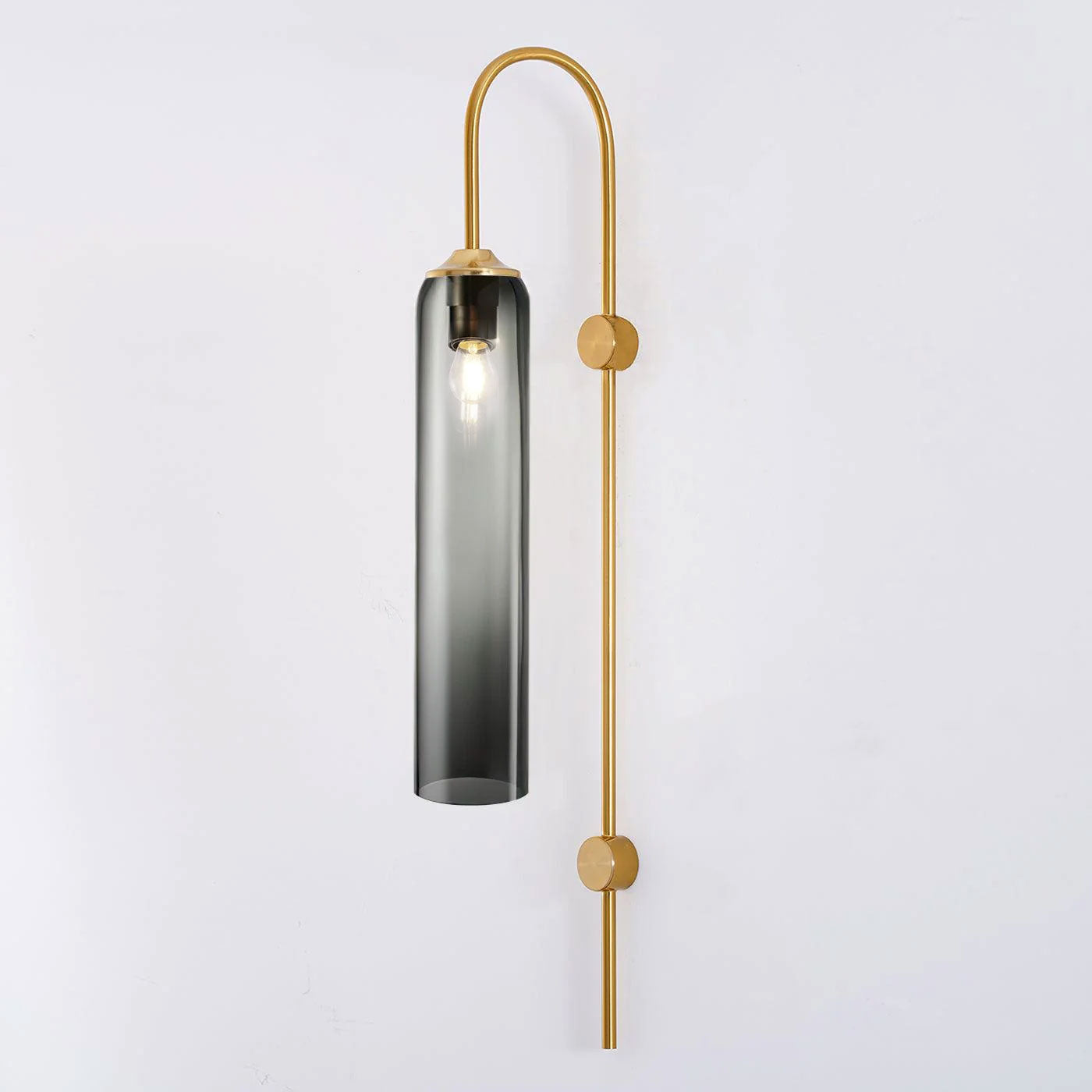 Modern glass wall lamp angled view with arched arm
