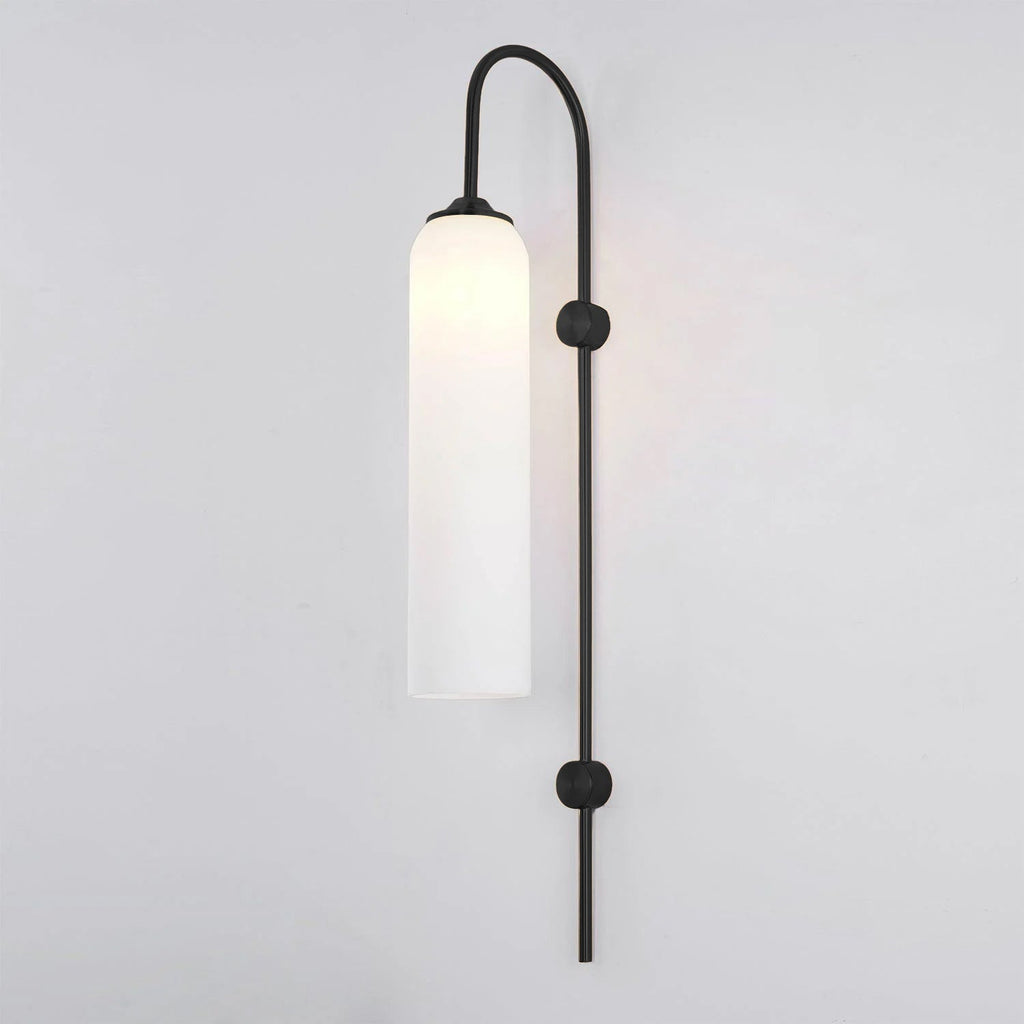 Modern glass wall lamp with black arm and frosted glass shade