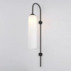 Modern glass wall lamp with black arm and frosted glass shade